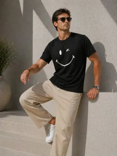 Erkek Minimal Gülümseyen Yüz Baskılı Tişört Kısa Kol Yazlık T-Shirt - Siyah - S - Siyah
