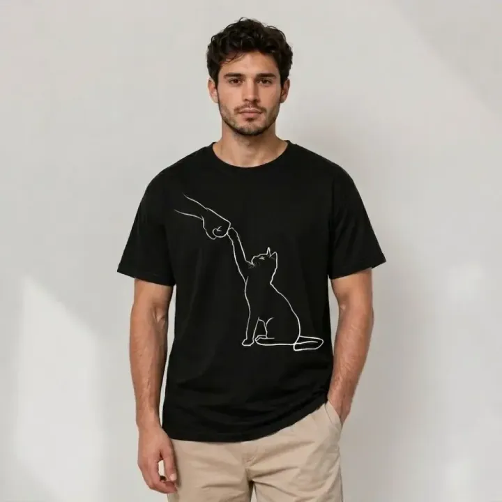 Erkek Minimal Kedi Çizim Baskılı Tişört Kısa Kol Yazlık T-Shirt - Siyah - S - Siyah