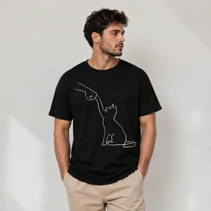 Erkek Minimal Kedi Çizim Baskılı Tişört Kısa Kol Yazlık T-Shirt - Siyah - S - Siyah