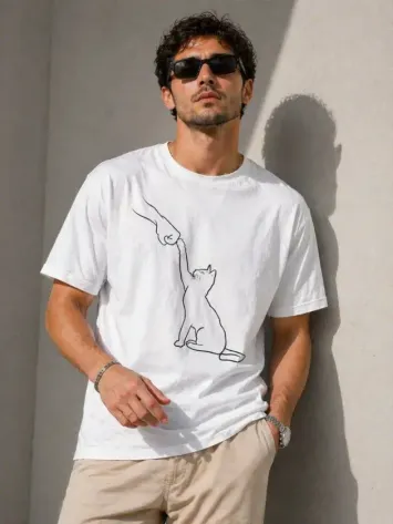 Erkek Minimal Kedi Çizim Baskılı Tişört Kısa Kol Yazlık T-Shirt - Beyaz - M - Beyaz