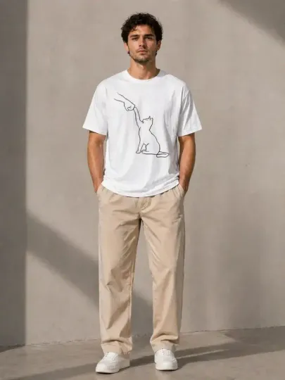 Erkek Minimal Kedi Çizim Baskılı Tişört Kısa Kol Yazlık T-Shirt - Beyaz - M - Beyaz