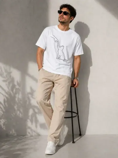 Erkek Minimal Kedi Çizim Baskılı Tişört Kısa Kol Yazlık T-Shirt - Beyaz - XS - Beyaz
