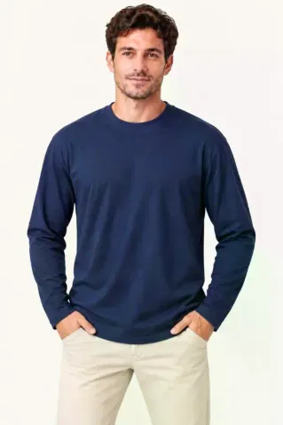 Erkek Modal Yumuşak Dokulu Bisiklet Yaka Uzun Kollu Tişört Sweatshirt - Lacivert - M - Lacivert