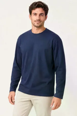 Erkek Modal Yumuşak Dokulu Bisiklet Yaka Uzun Kollu Tişört Sweatshirt - Lacivert - M - Lacivert