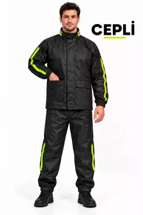 Erkek Motorcu Yağmurluk Su Gecirmez Cepli Yağmurluk Takım - 2XL - Siyah