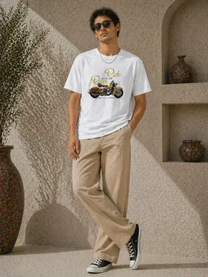 Erkek Motosiklet Baskılı Tişört Bisiklet Yaka Kısa Kol Yazlık T-Shirt - Beyaz - XS - Beyaz