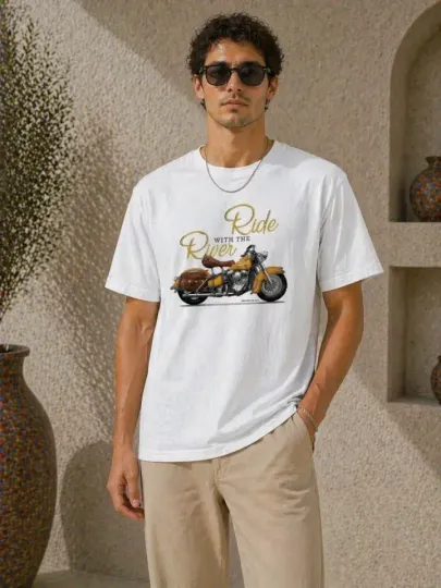 Erkek Motosiklet Baskılı Tişört Bisiklet Yaka Kısa Kol Yazlık T-Shirt - Beyaz - XS - Beyaz