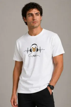 Erkek Müzik Temalı Baskılı Tişört Bisiklet Yaka Kısa Kol T-Shirt - Beyaz - XL - Beyaz