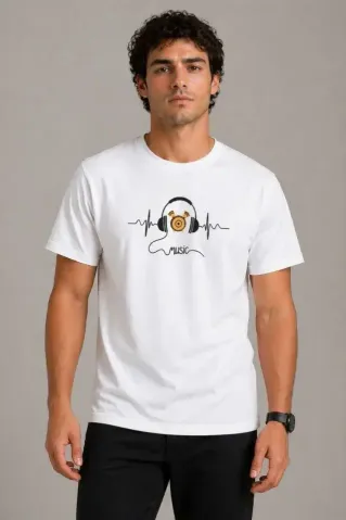 Erkek Müzik Temalı Baskılı Tişört Bisiklet Yaka Kısa Kol T-Shirt - Beyaz - XL - Beyaz