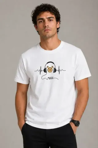 Erkek Müzik Temalı Baskılı Tişört Bisiklet Yaka Kısa Kol T-Shirt - Beyaz - M - Beyaz