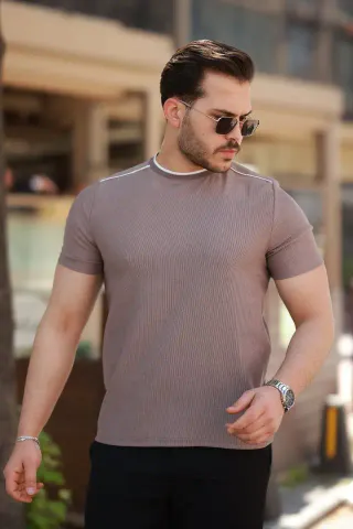 Erkek Omuzlar çizgi Detaylı Kısa Kollu T-shirt - 2XL - Pudra