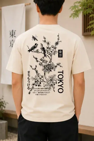 Erkek Ön Ve Arka Tokyo Kuş Çiçek Baskılı Oversize T-Shirt - Ekru - XL - Ekru