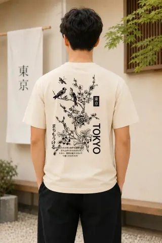 Erkek Ön Ve Arka Tokyo Kuş Çiçek Baskılı Oversize T-Shirt - Ekru - M - Ekru