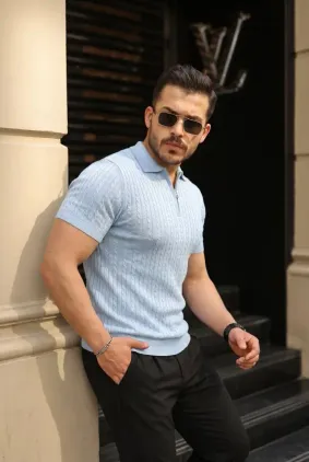 Erkek Örgü Desen Fermuar Yakalı Triko Tişört - 2XL - Bebe Mavisi