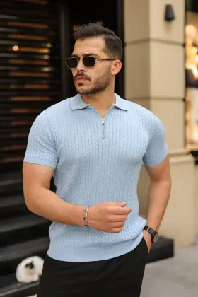 Erkek Örgü Desen Fermuar Yakalı Triko Tişört - 2XL - Bebe Mavisi