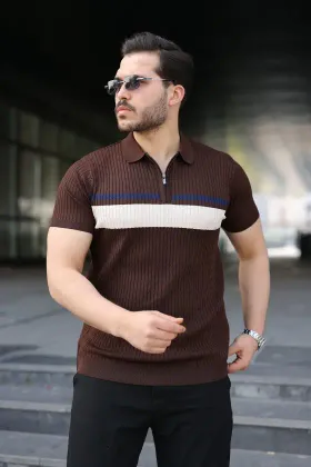 Erkek Örgü Desenli Renkli Kısa Kollu Triko Tişört - 2XL - Acı Kahve