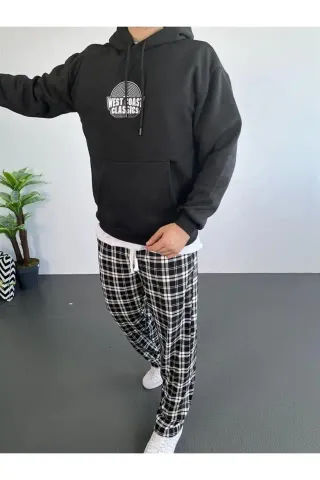Erkek Oversize Üç İplik Kapüşonlu Sweatshirt – Siyah Sırt Ve Ön Baskılı, Kanguru Cepli, Rahat Kalıp, İçi Pamuklu ModeL-Siyah - XL - Siyah