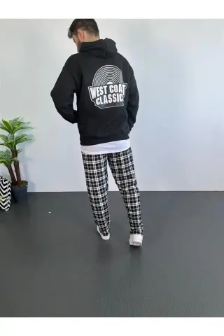 Erkek Oversize Üç İplik Kapüşonlu Sweatshirt – Siyah Sırt Ve Ön Baskılı, Kanguru Cepli, Rahat Kalıp, İçi Pamuklu ModeL-Siyah - XL - Siyah