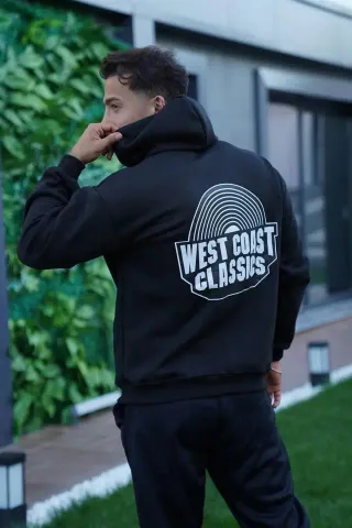 Erkek Oversize Üç İplik Kapüşonlu Sweatshirt – Siyah Sırt Ve Ön Baskılı, Kanguru Cepli, Rahat Kalıp, İçi Pamuklu ModeL-Siyah - XL - Siyah