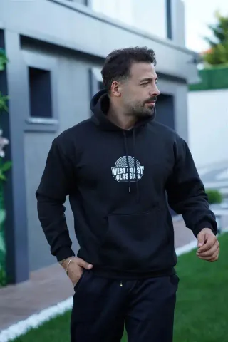 Erkek Oversize Üç İplik Kapüşonlu Sweatshirt – Siyah Sırt Ve Ön Baskılı, Kanguru Cepli, Rahat Kalıp, İçi Pamuklu ModeL-Siyah - XL - Siyah