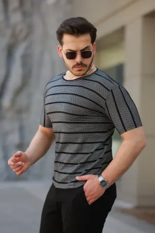 Erkek Petek Desenli Kısa Kollu T-shirt - S - Siyah