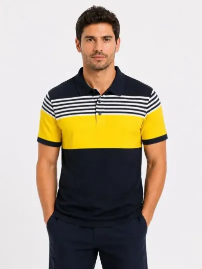 Erkek Pike Kumaş Çizgili Polo Yaka Tişört Kısa Kol Yazlık T-Shirt - Lacivert - XL - Lacivert