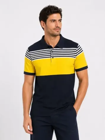 Erkek Pike Kumaş Çizgili Polo Yaka Tişört Kısa Kol Yazlık T-Shirt - Lacivert - 2XL - Lacivert