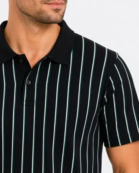 Erkek Pike Kumaş Çizgili Polo Yaka Tişört Kısa Kol Yazlık T-Shirt - Siyah - XL - Siyah