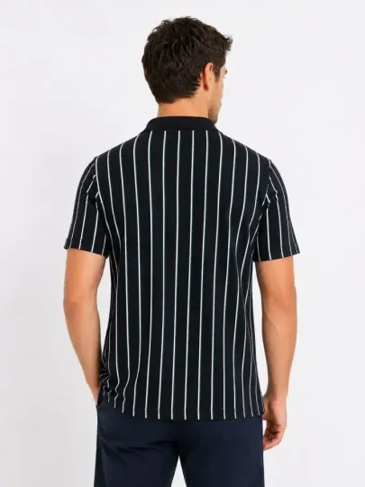 Erkek Pike Kumaş Çizgili Polo Yaka Tişört Kısa Kol Yazlık T-Shirt - Siyah - XL - Siyah