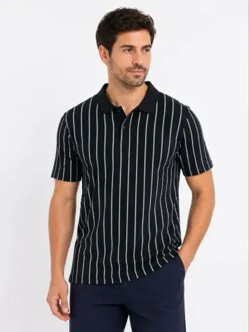 Erkek Pike Kumaş Çizgili Polo Yaka Tişört Kısa Kol Yazlık T-Shirt - Siyah - 2XL - Siyah