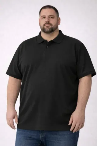 Erkek Pike Kumaş Düğmeli Yaka Battal Büyük Beden Günlük Kısa Kol Tişört T-shirt - Siyah - 2XL - Siyah