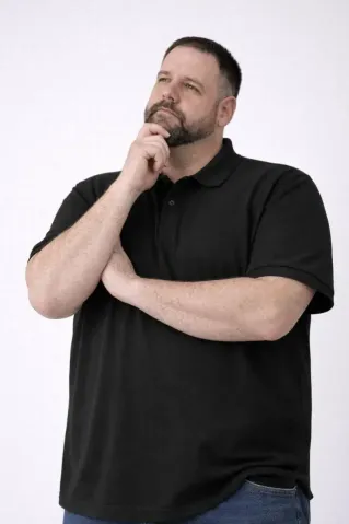 Erkek Pike Kumaş Düğmeli Yaka Battal Büyük Beden Günlük Kısa Kol Tişört T-shirt - Siyah - 2XL - Siyah