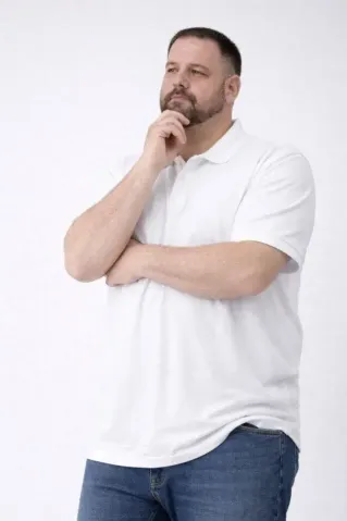 Erkek Pike Kumaş Düğmeli Yaka Battal Büyük Beden Günlük Kısa Kol Tişört T-shirt - Beyaz - XL - Beyaz