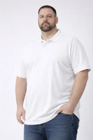 Erkek Pike Kumaş Düğmeli Yaka Battal Büyük Beden Günlük Kısa Kol Tişört T-shirt - Beyaz - XL - Beyaz