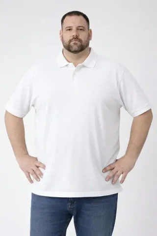 Erkek Pike Kumaş Düğmeli Yaka Battal Büyük Beden Günlük Kısa Kol Tişört T-shirt - Beyaz - XL - Beyaz