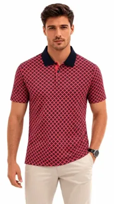Erkek Pike Kumaş Polo Yaka Desenli Tişört Kısa Kol Yazlık T-Shirt - Kırmızı - L - Kırmızı
