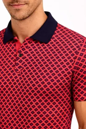 Erkek Pike Kumaş Polo Yaka Desenli Tişört Kısa Kol Yazlık T-Shirt - Kırmızı - M - Kırmızı