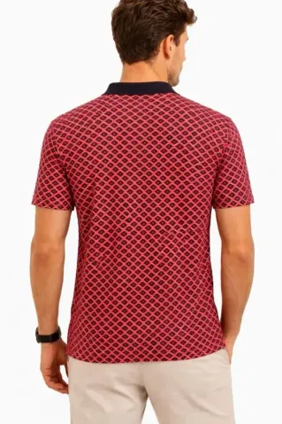 Erkek Pike Kumaş Polo Yaka Desenli Tişört Kısa Kol Yazlık T-Shirt - Kırmızı - M - Kırmızı