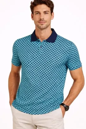 Erkek Pike Kumaş Polo Yaka Desenli Tişört Kısa Kol Yazlık T-Shirt - Turkuaz - S - Turkuaz