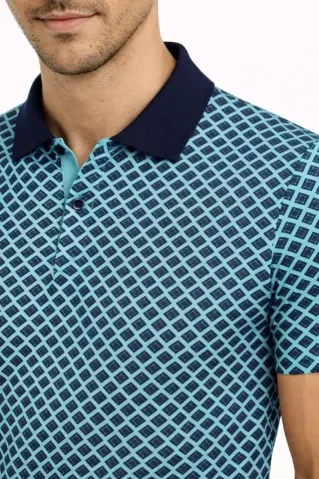 Erkek Pike Kumaş Polo Yaka Desenli Tişört Kısa Kol Yazlık T-Shirt - Turkuaz - S - Turkuaz