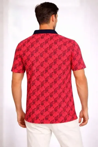 Erkek Pike Kumaş Polo Yaka Palmiye Desenli Tişört Kısa Kol Yazlık T-Shirt - Kırmızı - 2XL - Kırmızı