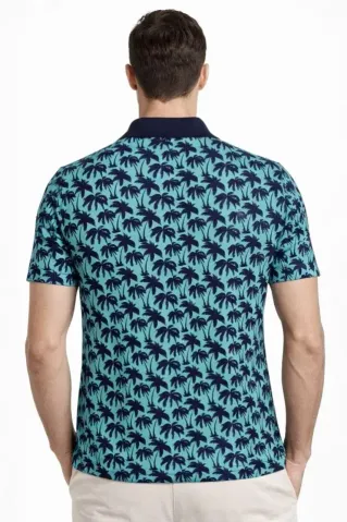 Erkek Pike Kumaş Polo Yaka Palmiye Desenli Tişört Kısa Kol Yazlık T-Shirt - Turkuaz - M - Turkuaz