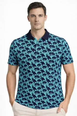Erkek Pike Kumaş Polo Yaka Palmiye Desenli Tişört Kısa Kol Yazlık T-Shirt - Turkuaz - XL - Turkuaz
