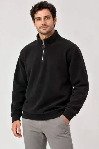 Erkek Polar Dik Yaka Yarım Fermuarlı Uzun Kollu Regular Fit Kışlık Sweatshirt - Siyah - M - Siyah