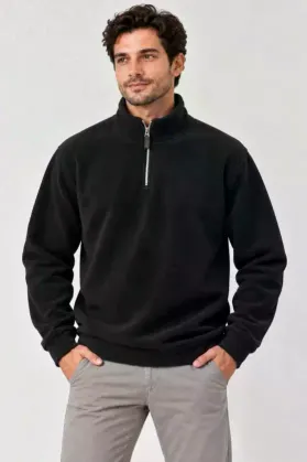 Erkek Polar Dik Yaka Yarım Fermuarlı Uzun Kollu Regular Fit Kışlık Sweatshirt - Siyah - L - Siyah