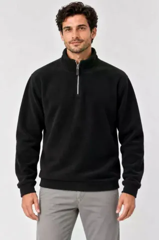 Erkek Polar Dik Yaka Yarım Fermuarlı Uzun Kollu Regular Fit Kışlık Sweatshirt - Siyah - 2XL - Siyah