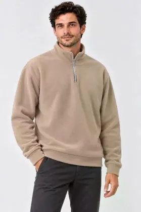 Erkek Polar Dik Yaka Yarım Fermuarlı Uzun Kollu Regular Fit Kışlık Sweatshirt - Bej - L - Bej