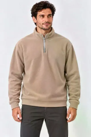 Erkek Polar Dik Yaka Yarım Fermuarlı Uzun Kollu Regular Fit Kışlık Sweatshirt - Bej - L - Bej