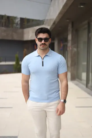 Erkek Polo Yaka Fermuar Detaylı Tişört - 2XL - Mavi