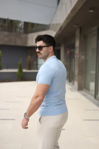Erkek Polo Yaka Fermuar Detaylı Tişört - XL - Mavi